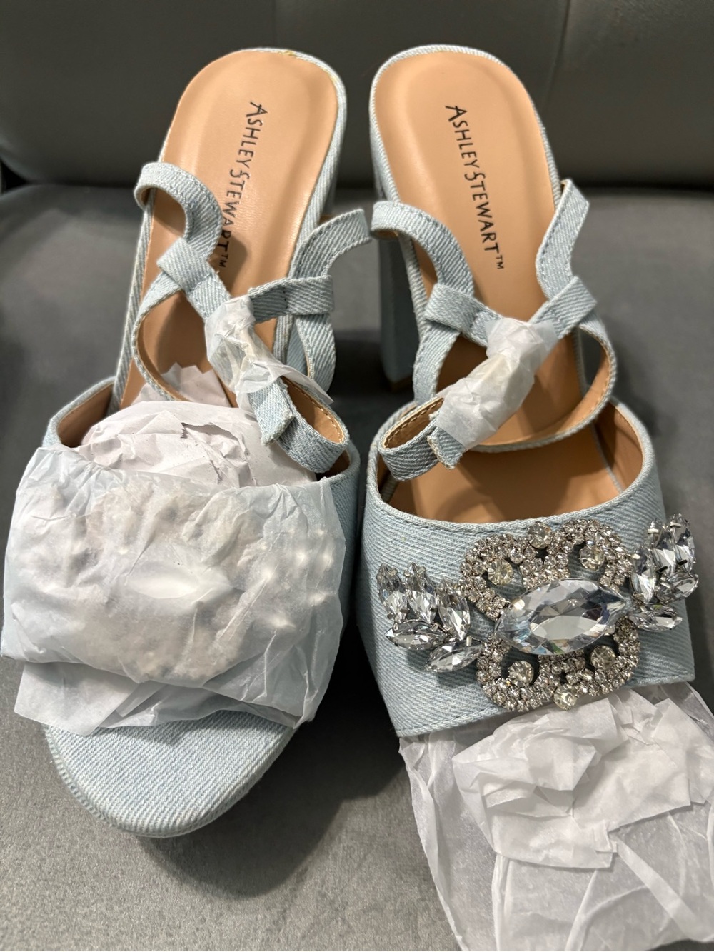 NWOT Ashley Stewart Light Blue Denim Platform Block Heel Sandals